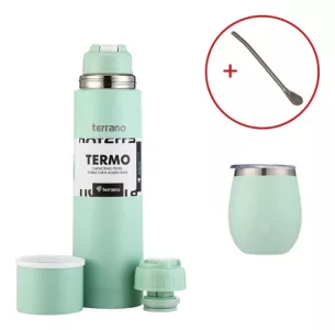 Kit Matero Terrano Termo 750ml Mate C/tapa + Bombilla Regalo Verde Agua - Mate Con Tapa