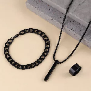 Set Accesorios Acero Inox Hombre Anillo Pulsera Cadena-dije Negro