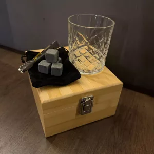 Set Vaso 350ml Whisky Con Piedras Hielo, Pinza + Caja Bamboo Bamboo