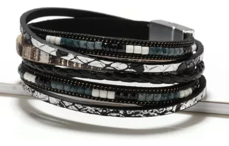 Pulsera Cuero Tejida Mujer - Hebilla Magnética Aleación Negro 10 Cm 21 Cm