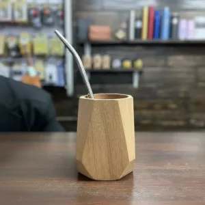 Mate Madera Artesanal Geometrico Chico + Bombilla Regalo Madera Geométrico
