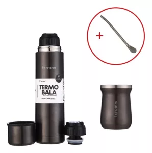 Kit Termo 750ml Terrano Mate Acero Inox Camionero + Bombilla Negro Metalizado