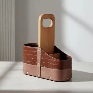 Matera Terrano Simil Cuero Croco Porta Celular Asa Madera Marrón Oscuro