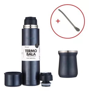 Kit Matero Terrano Termo 750ml Mate C/tapa + Bombilla Regalo Azul Metal - Mate Tradicional