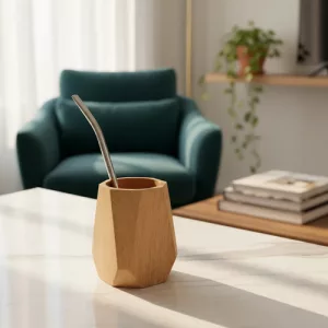 Mate Madera Artesanal Geometrico Chico + Bombilla Regalo Madera Geométrico