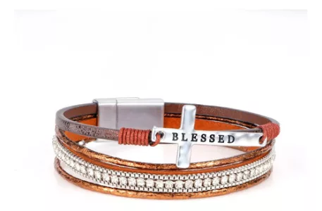 Pulsera Cuero Multicapa Dije De Cruz Broche Magnético Marrón 10 Cm 21 Cm