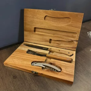 Set Parrillero Vino Caja Madera Cuchillo Tenedor Sacacorcho