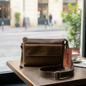 Cartera Cuero Amatipe Bolso Mano Portadocumento Con Correa Marrón Dorado Envejecido