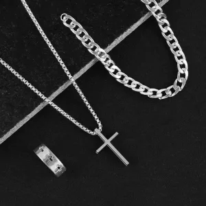 Set Accesorios Acero Inox Hombre Anillo Pulsera Cadena-dije Plateado