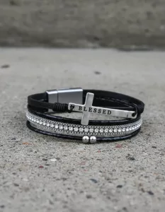 Pulsera Cuero Multicapa Dije De Cruz Broche Magnético Negro 10 Cm 21 Cm
