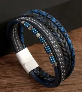 Pulsera De Cuero Hombre Trenzada Con Cierre Magnético Acero Azul 10 Cm 21 Cm