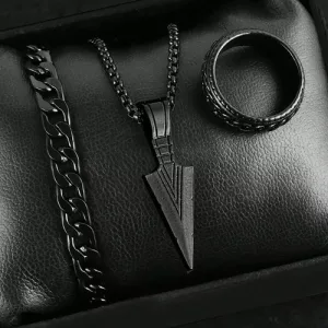 Set Accesorios Acero Inox Hombre Anillo Pulsera Cadena-dije Negro Dije Flecha