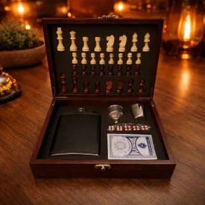 Juego Ajedrez Caja Madera Set Completo Petaca Cartas Dados