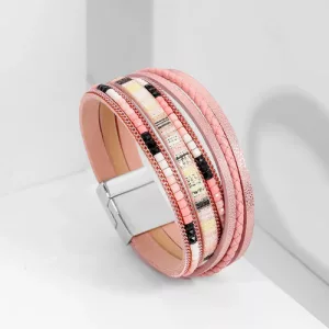 Pulsera Cuero Tejida Mujer - Hebilla Magnética Aleación Rosa 10 Cm 21 Cm