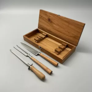 Set Asador Cuchillo Tenedor Chaira En Caja Madera De Acacia