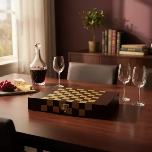 Caja Porta Botella Madera Con Sacacorcho + Juego De Ajedrez