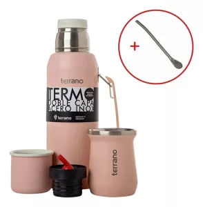 Set Mate Termo 1lt Acero Colores Terrano Doble Capa Bombilla Rojo