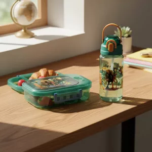 Set Lonchera + Botella 600ml Vianda Escolar Niños Merienda Verde