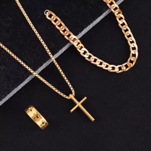 Set Accesorios Acero Inox Hombre Anillo Pulsera Cadena-dije Dorado Dije Cruz