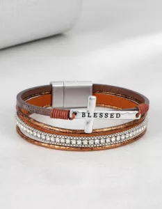 Pulsera Cuero Multicapa Dije De Cruz Broche Magnético Marrón 10 Cm 21 Cm