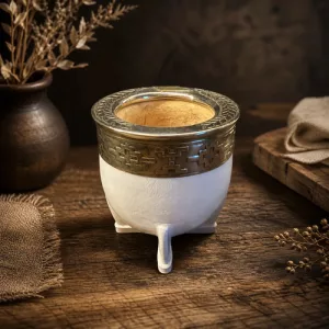 Mate Imperial Alpaca Cincelado C/aplique Cuero Blanco Pampa Calabaza