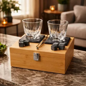 Set Vasos Whisky 8 Piedras Hielo Caja Madera Bambo Posa Vaso Bamboo