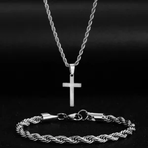 Set Accesorios Acero Inox Hombre Pulsera Cadena - Dije Cruz Plateado