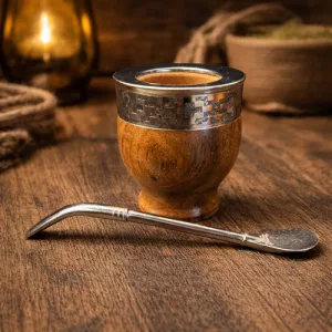 Mate Algarrobo Imperial + Bombilla Pico Loro Baño En Plata Algarrobo