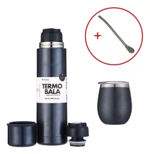 Kit Matero Terrano Termo 750ml Mate C/tapa + Bombilla Regalo Azul Metal - Mate Con Tapa