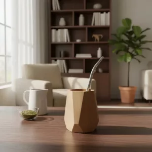 Mate Madera Artesanal Geometrico Chico + Bombilla Regalo Madera Geométrico