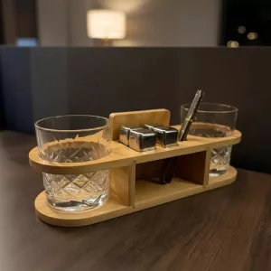 Set Vasos 350ml Whisky Hielos Acero Posavasos Soporte Bamboo Bamboo