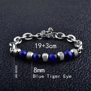 Pulsera Acero Inox Piedra Natural 8mm Ajustable - Unisex Ojo De Tigre Azul 10 Cm 21 Cm