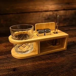 Set Vaso 350ml Whisky Hielos Acero Pinza Soporte Bamboo Bar Bamboo