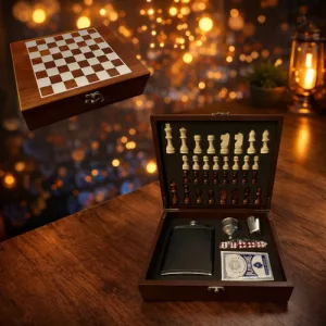 Juego Ajedrez Caja Madera Set Completo Petaca Cartas Dados