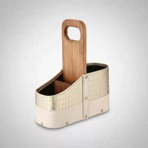 Matera Terrano Simil Cuero Croco Porta Celular Asa Madera Beige