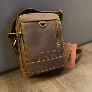 Morral Cuero Amatipe Bandolera Compacta Bolso Chico + Correa Marrón