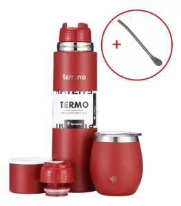 Kit Matero Terrano Termo 750ml Mate C/tapa + Bombilla Regalo Rojo - Mate Con Tapa