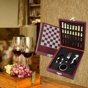 Caja De Madera 4 Accesorios Para Vino + Juego De Ajedrez