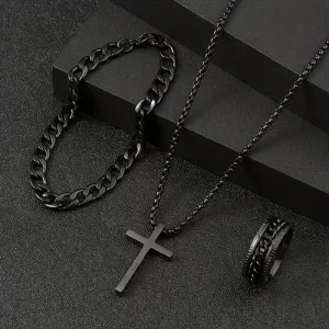Set Accesorios Acero Inox Hombre Anillo Pulsera Cadena-dije Negro Cruz