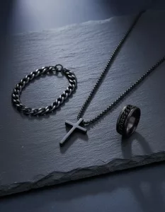 Set Accesorios Acero Inox Hombre Anillo Pulsera Cadena-dije Negro Cruz