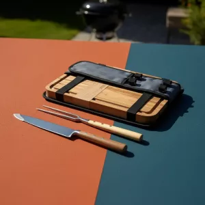 Set Parrillero 4 Piezas Tabla Cuchillo Tenedor Estuche Asado