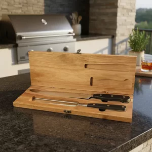 Set Asado Cuchillo Tenedor En Caja Madera Acacia Parrillero